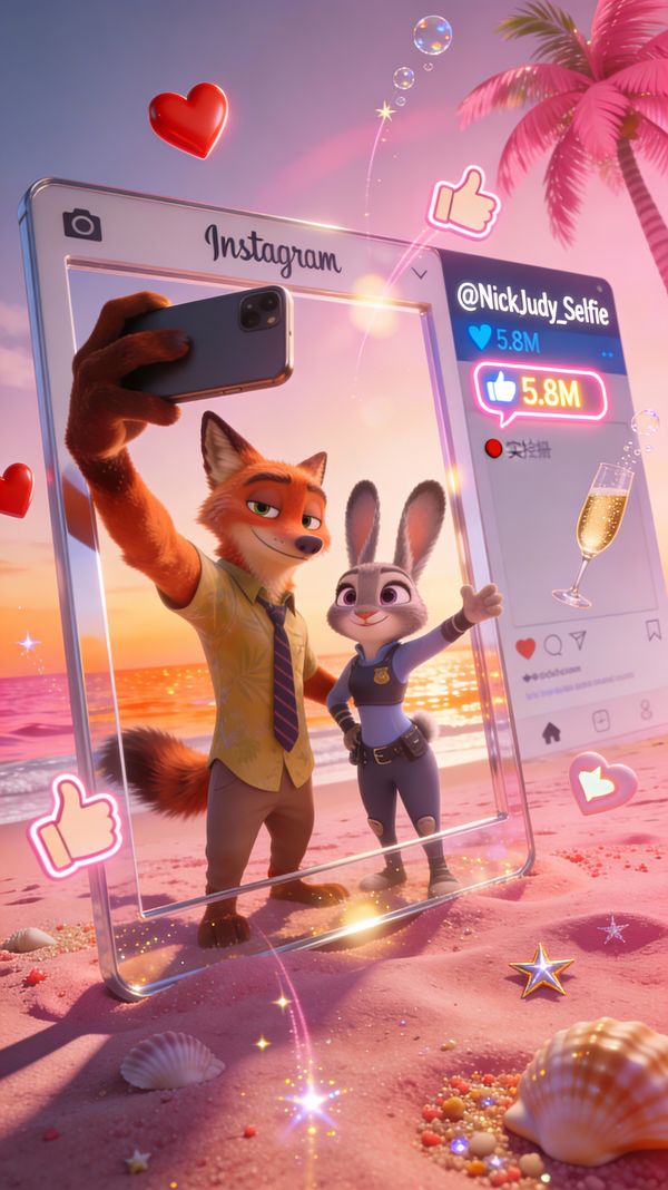Nick and Judy Pink Beach Instagram-Style Selfie