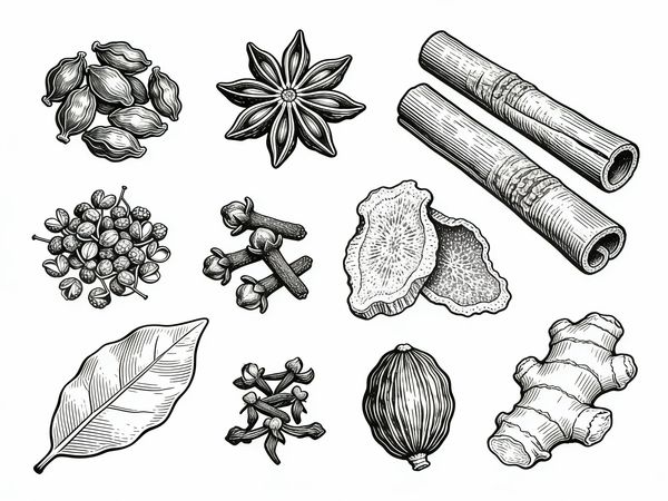 Line Art of Traditional Chinese Seasoning Herbs