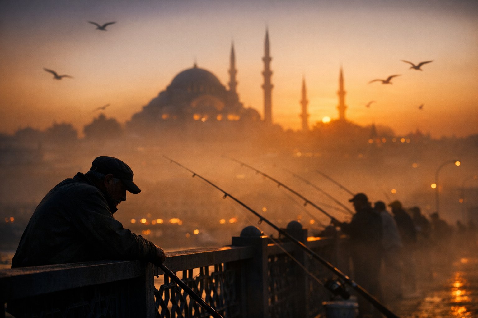 A cinematic silhouette shot of local fishermen lining the Galata Bridge in Istanbul during sunset. …
