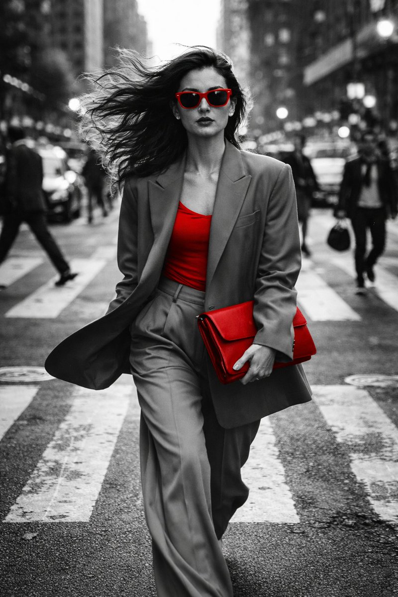 { "objective": "Generate a hyper-realistic black and white street fashion photograph with selective…