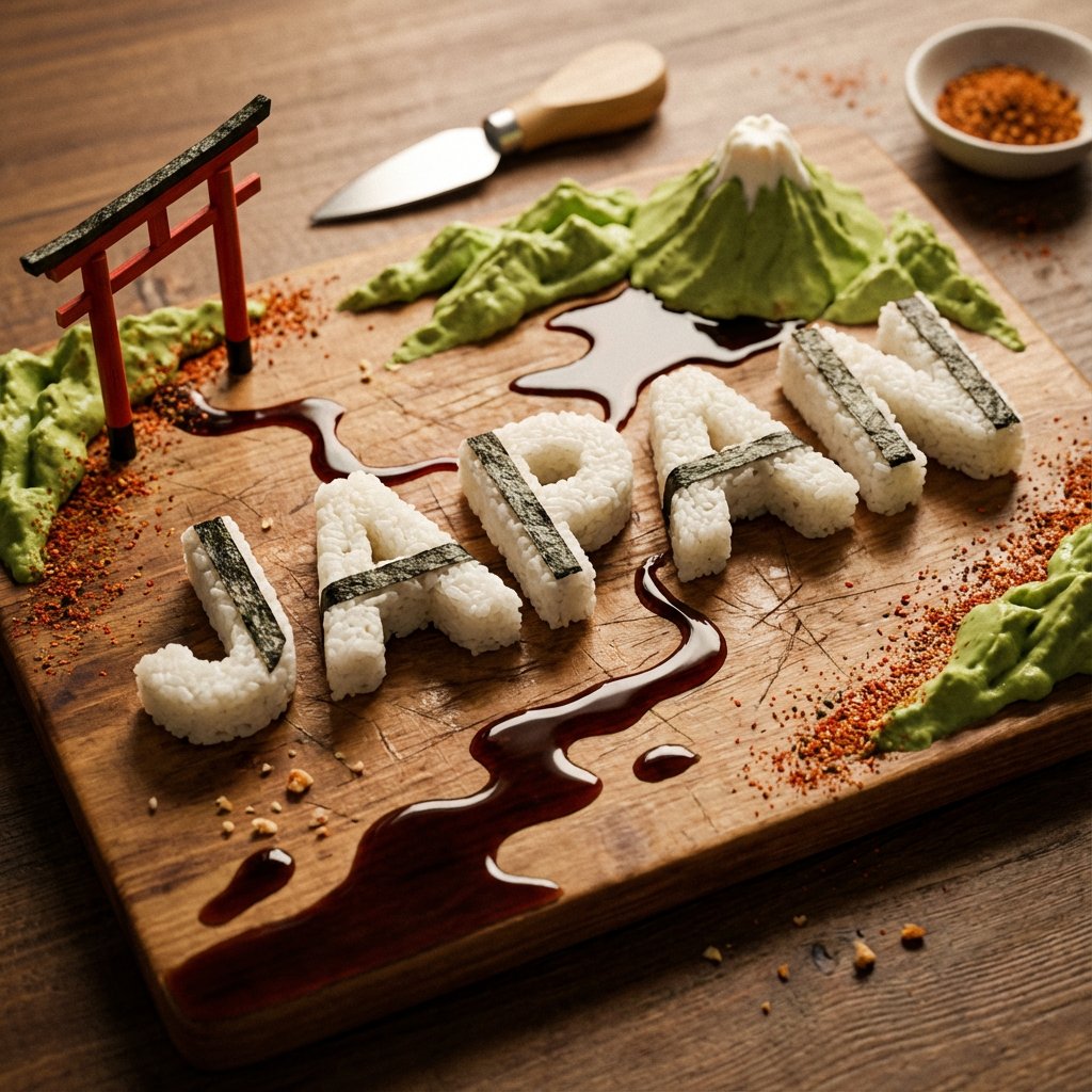 A charcuterie-style board presents JAPAN as an edible sculpture: • Letters carved from compact sush…