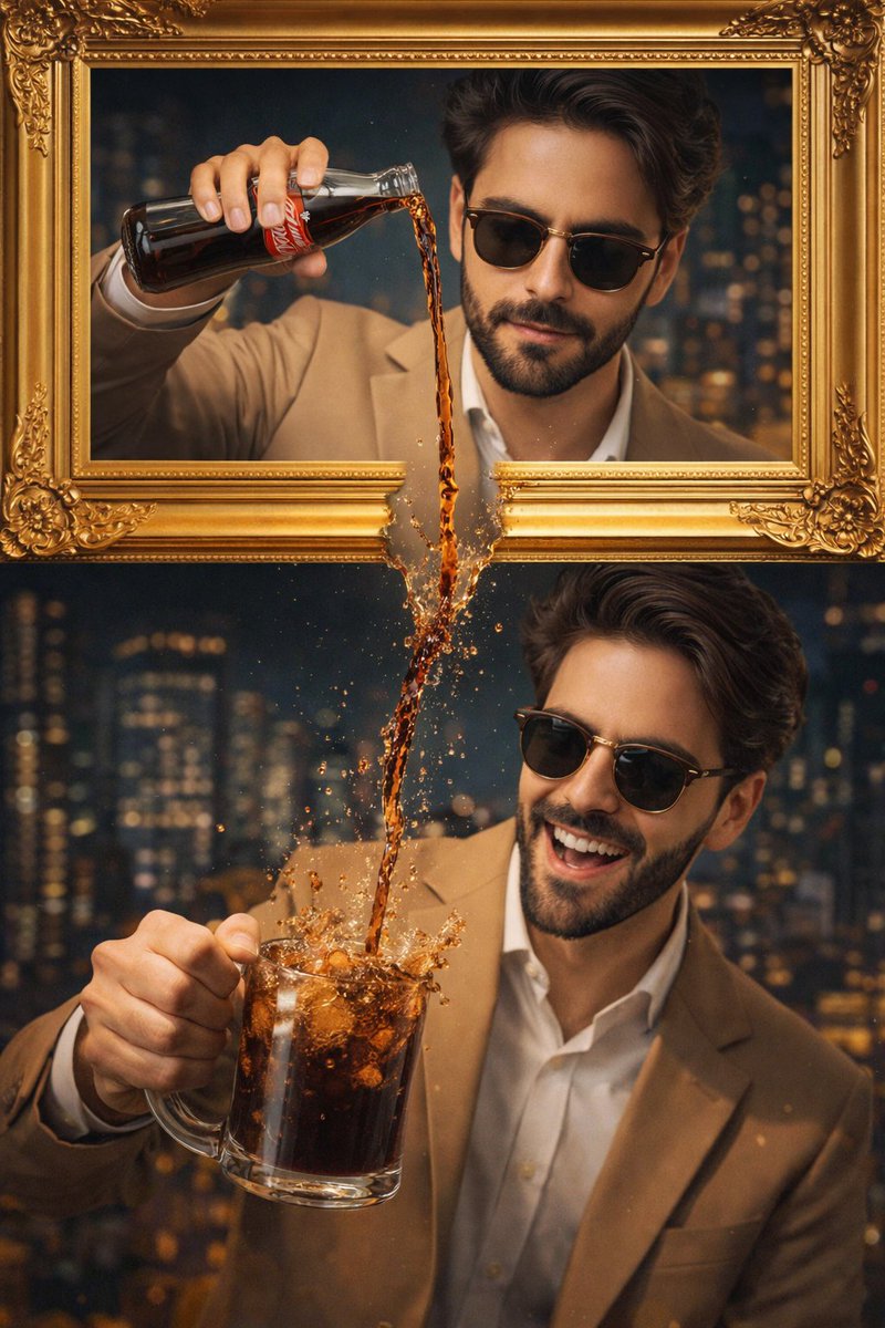 A stylish man wearing a tan suit and sunglasses is featured in a creative split image, framed by tw…