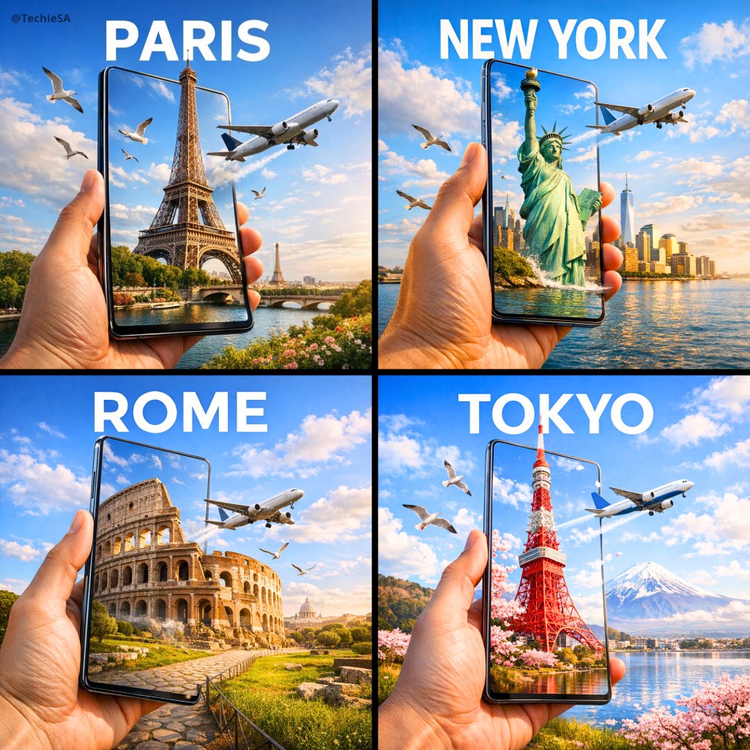 A hyper-realistic travel advertisement in square format (1080x1080), featuring a hand holding a sle…