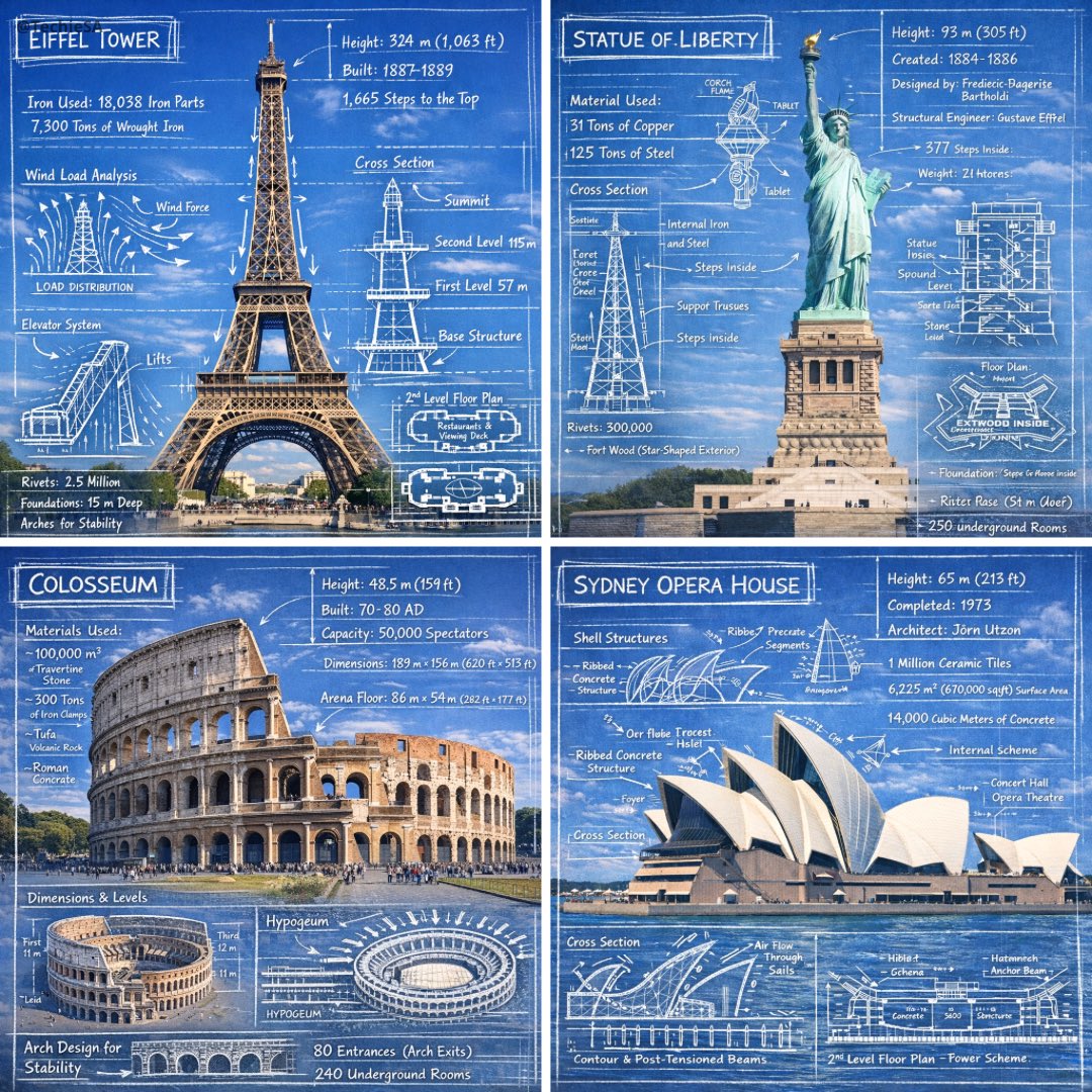 Create an infographic image of [LANDMARK], combining a real photograph of the landmark with bluepri…