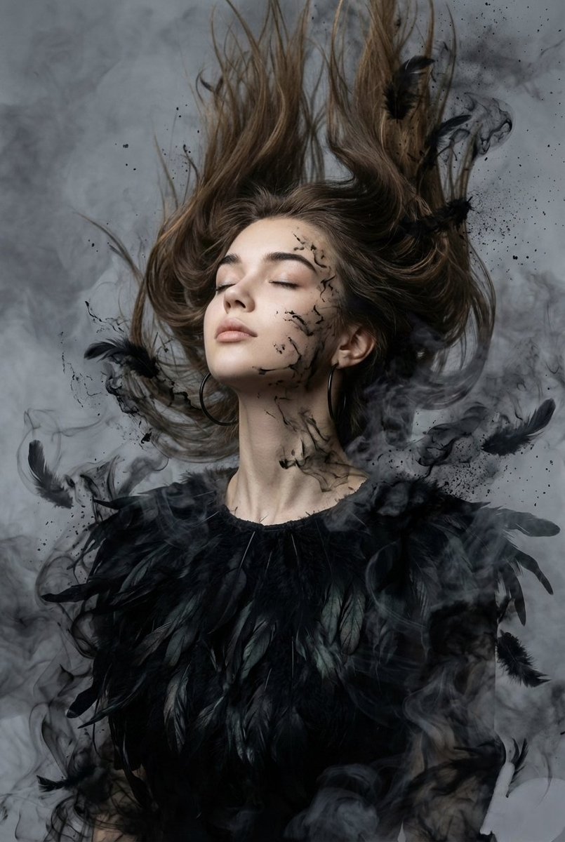 { "image_style": "surreal, dark cinematic, ethereal", "subject": { "person": "woman with features o…