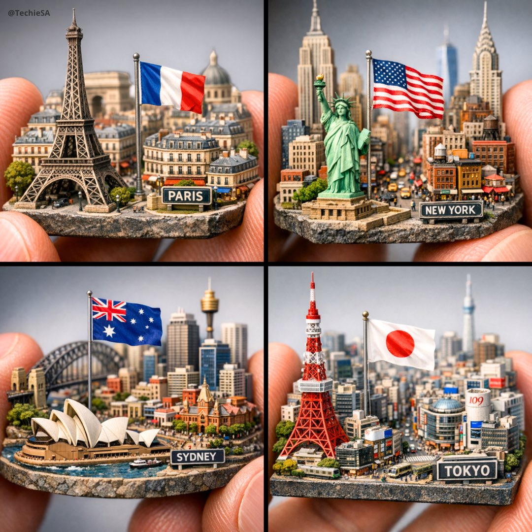 Extreme close-up macro of miniature city diorama [CITY, COUNTRY] on a solid base, held between two …