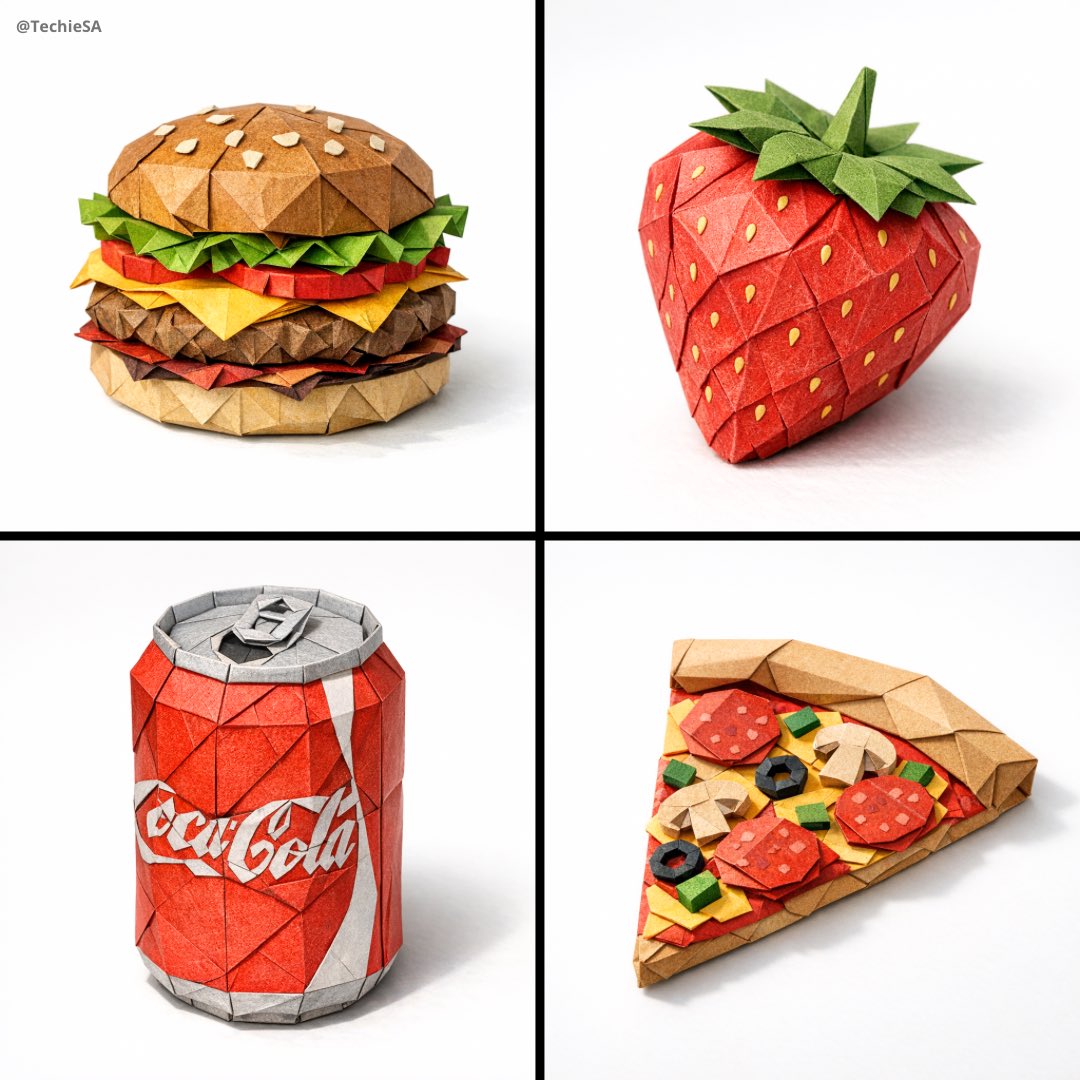 A hyper-detailed origami [FOOD ITEM] folded from realistic colored paper with visible creases and p…