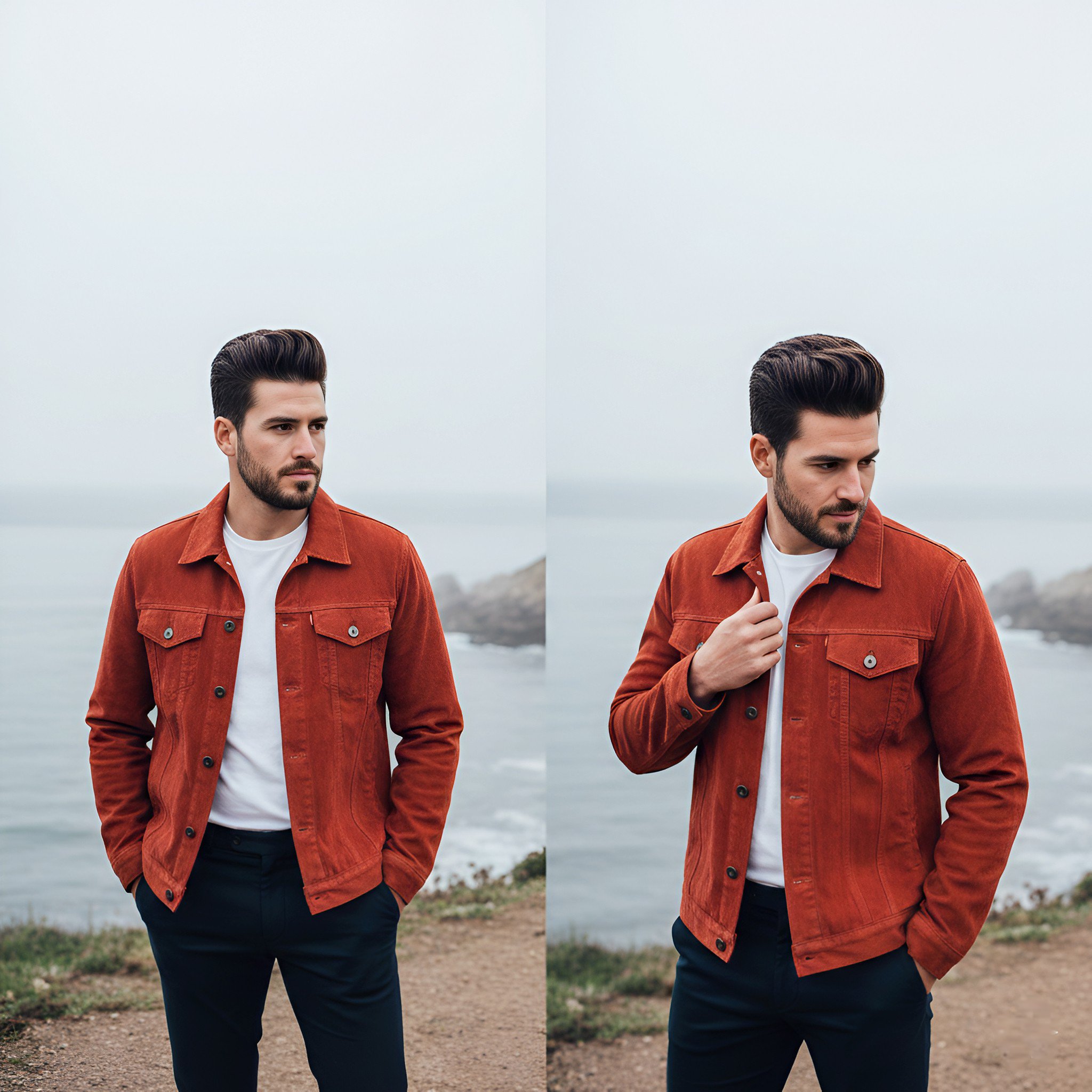 { "image_description": "A high-quality side-by-side comparison of a handsome man posing on a coasta…