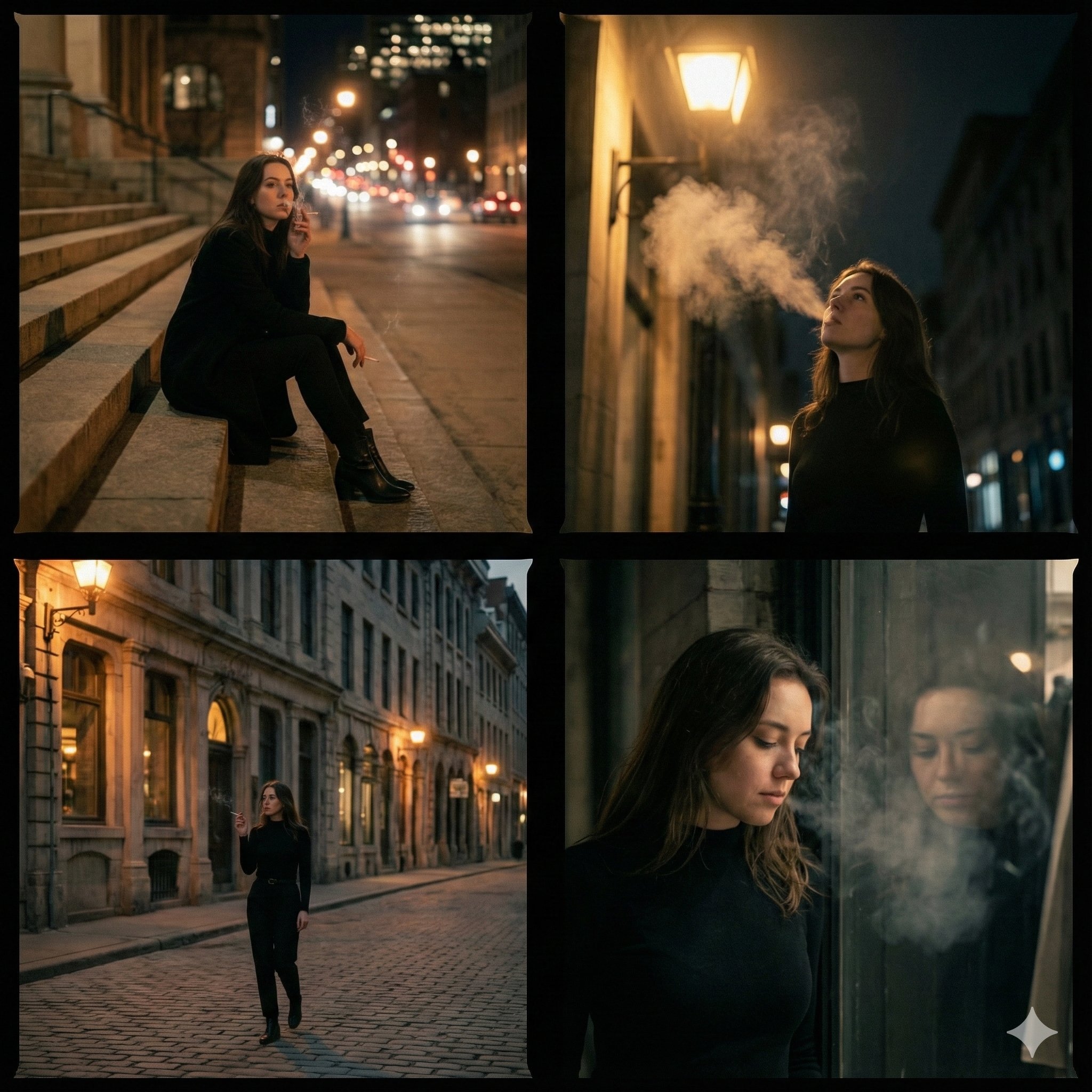 A cinematic 4-panel photo collage showing a quiet, introspective city walk with smoking as a charac…