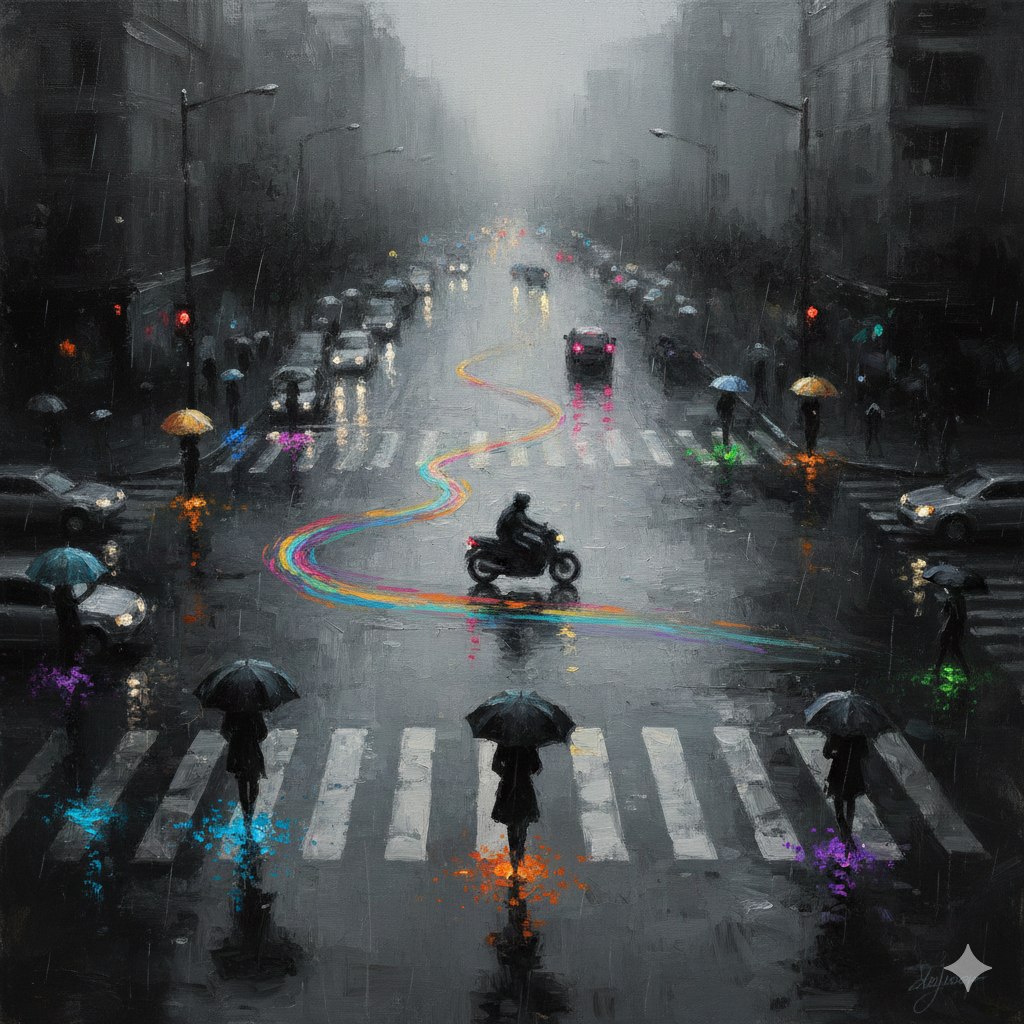 A high-angle, wide-composition Impressionist oil painting of a rainy urban intersection. The scene …