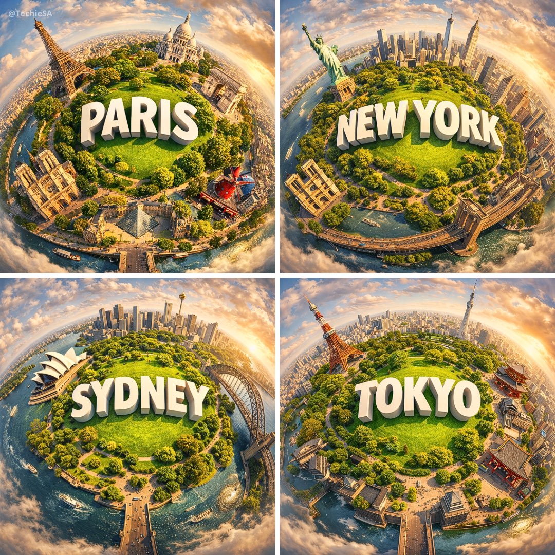 Create a hyperrealistic miniature planet showcasing [CITY] with famous landmarks seamlessly curving…