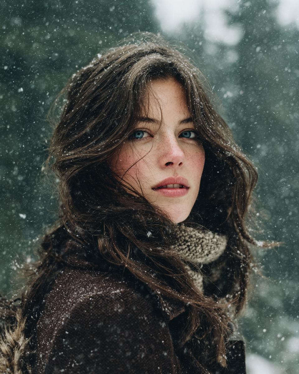 { "Objective": "Generate a cinematic, photorealistic portrait inspired by a winter forest atmospher…