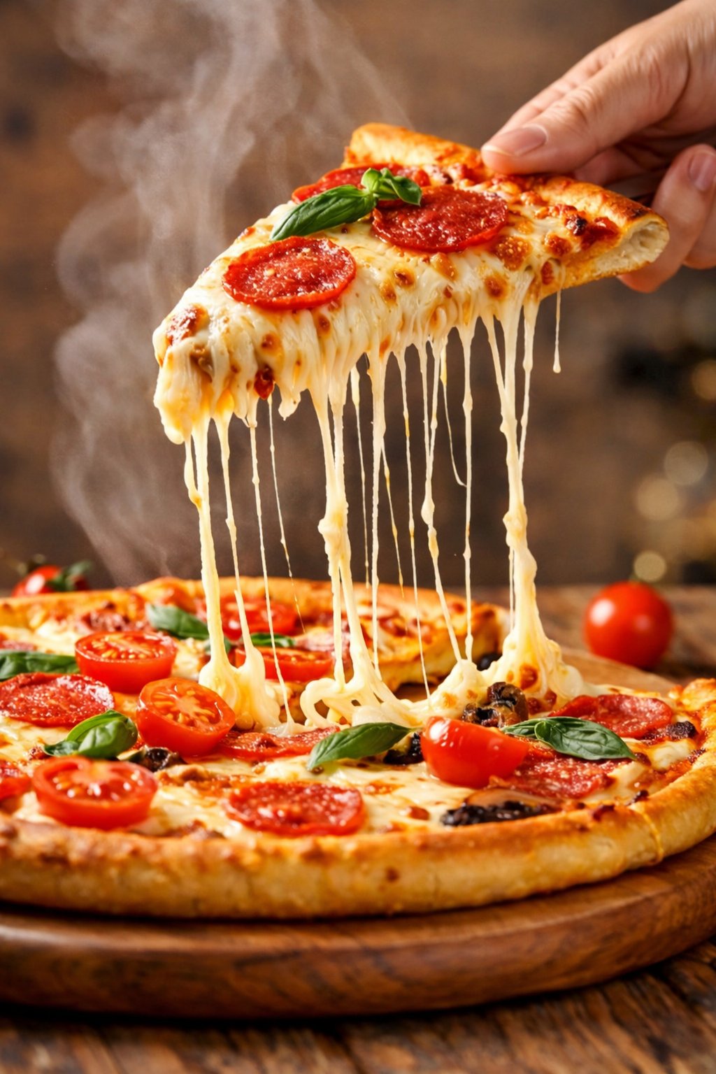 A hyper-realistic, cinematic close-up of a freshly baked pepperoni pizza slice being lifted from th…