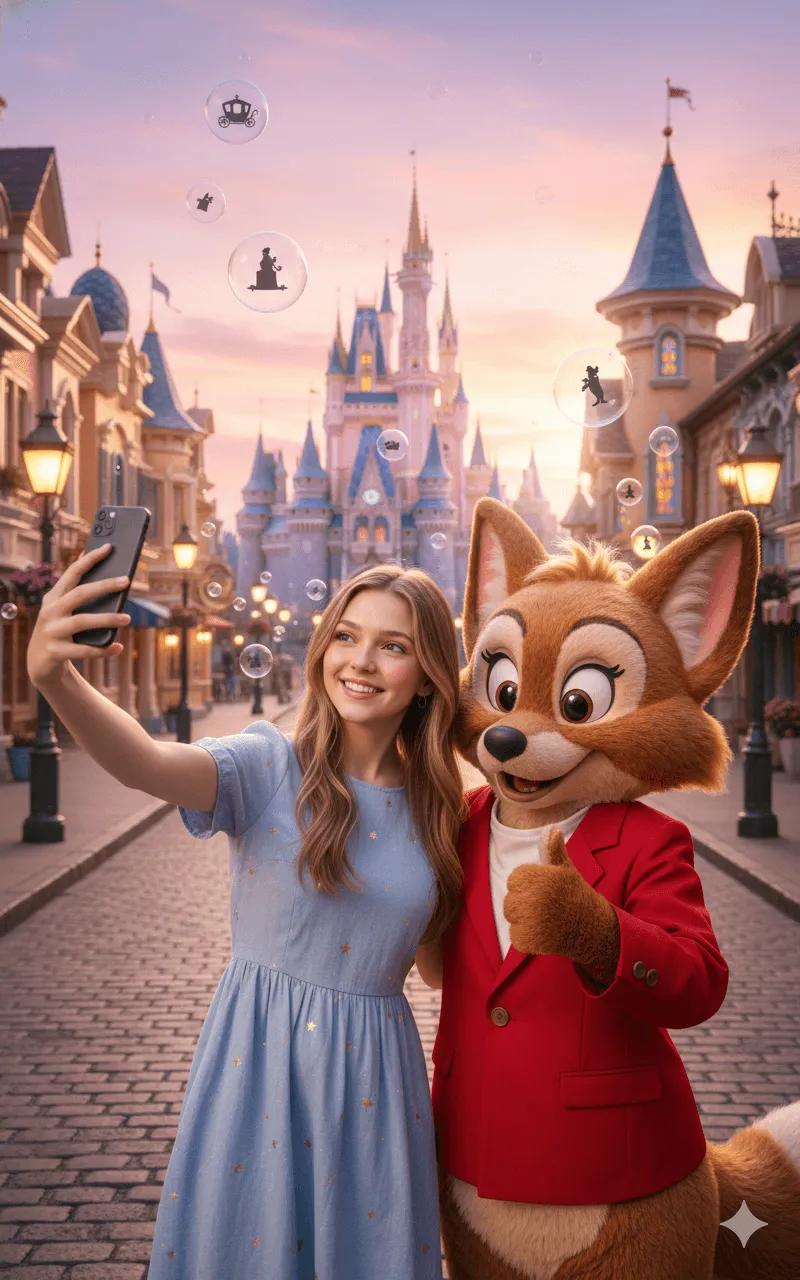 { "Objective": "Create a joyful, cinematic fantasy photograph set in a magical fairytale theme park…