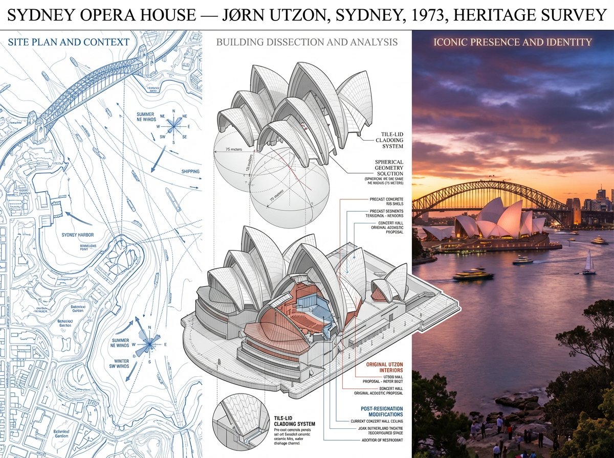 A preservation architect's survey board for [BUILDING / STRUCTURE] — [STYLE / ARCHITECT / PERIOD]. …