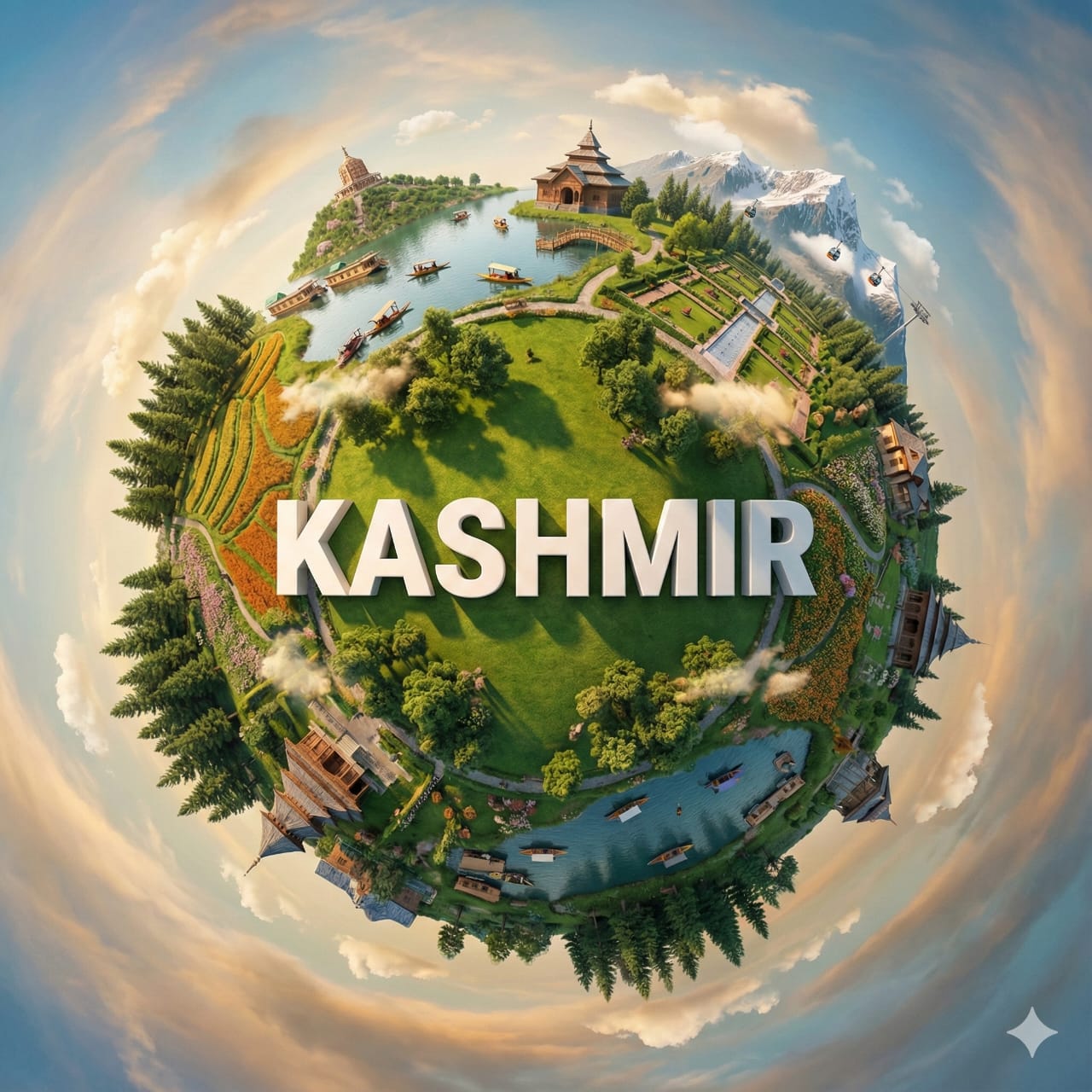 Create a hyper-realistic miniature planet showcasing [KASHMIR] with famous landmarks seamlessly cur…