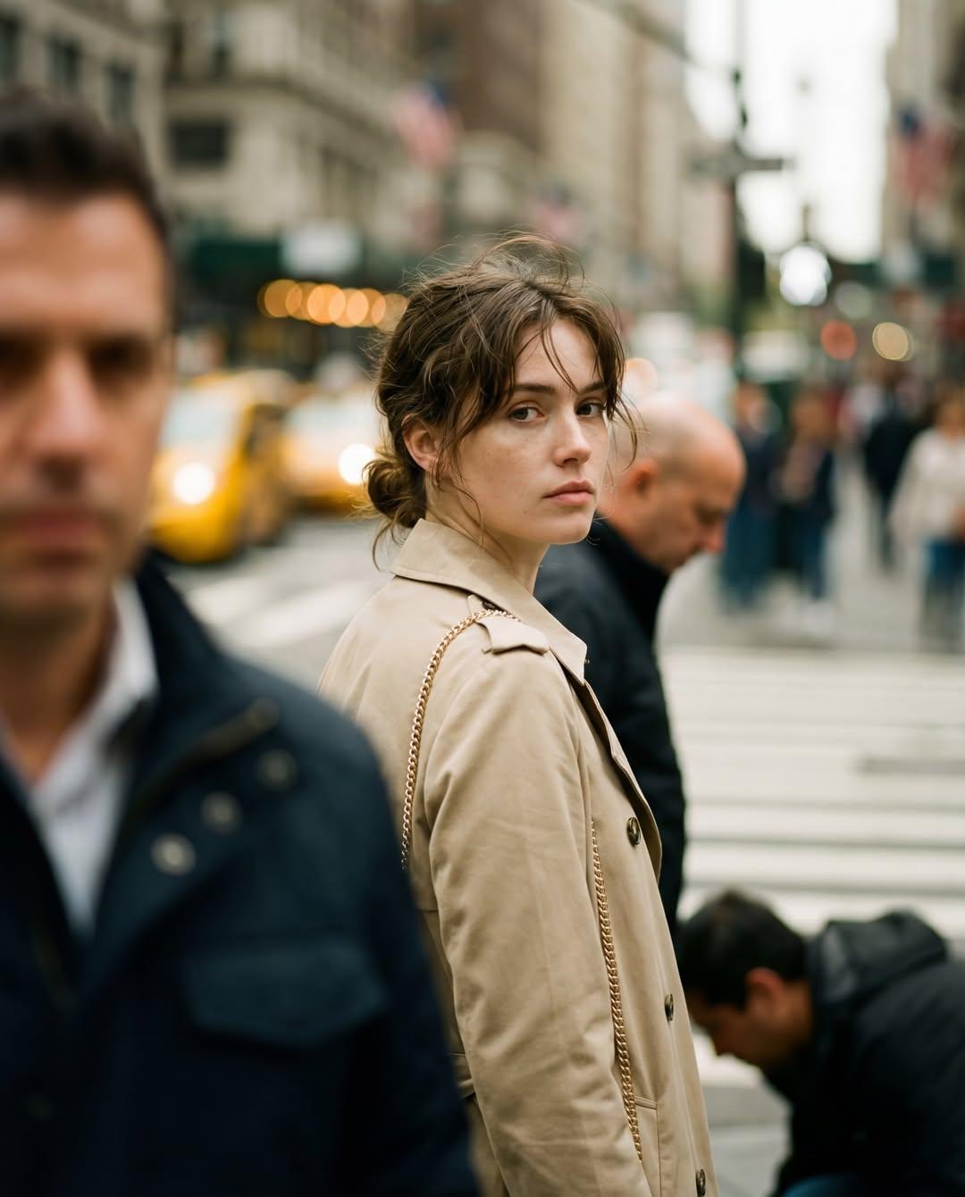 { "Objective": "Create a realistic candid street photograph with cinematic documentary realism", "P…