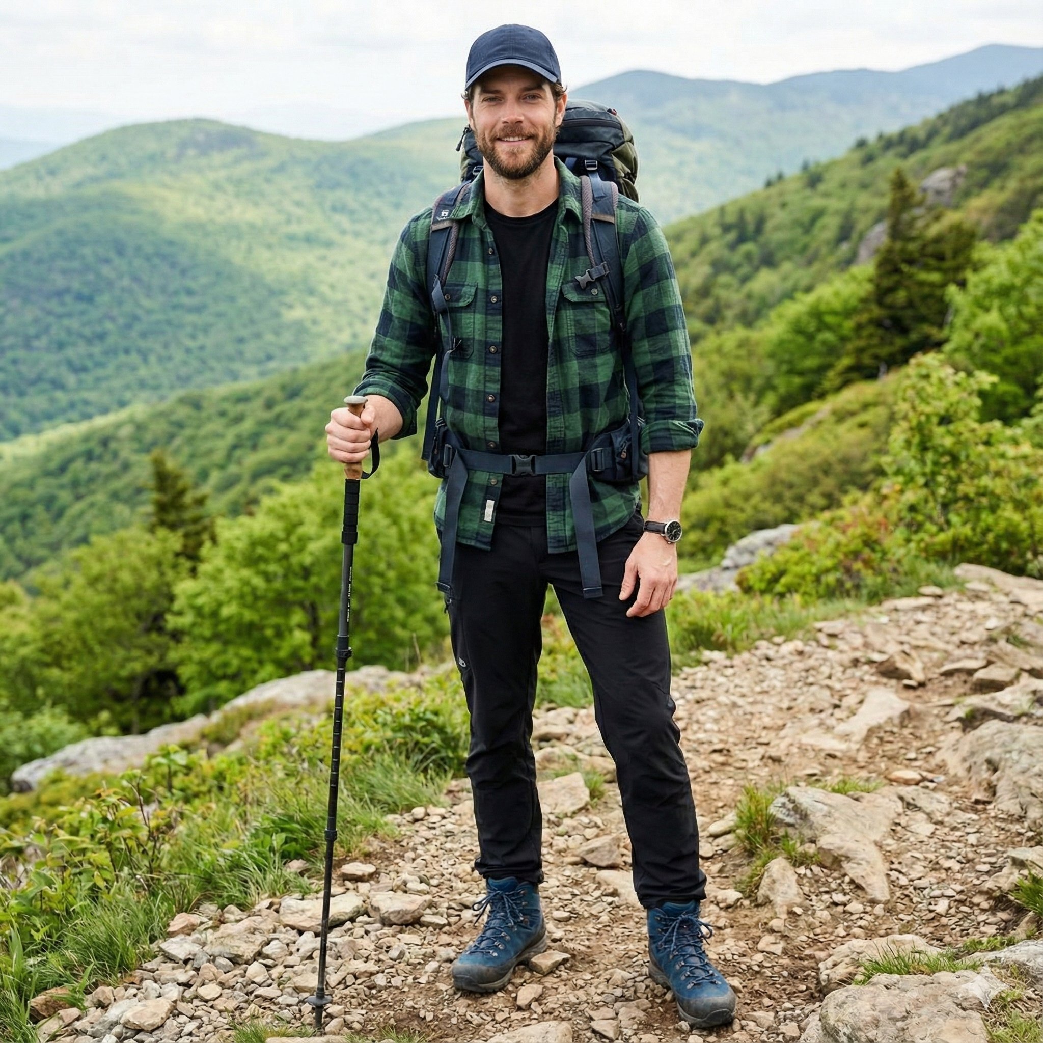 Handsome male trekker, dark wavy hair (no cap), full beard, rugged appearance