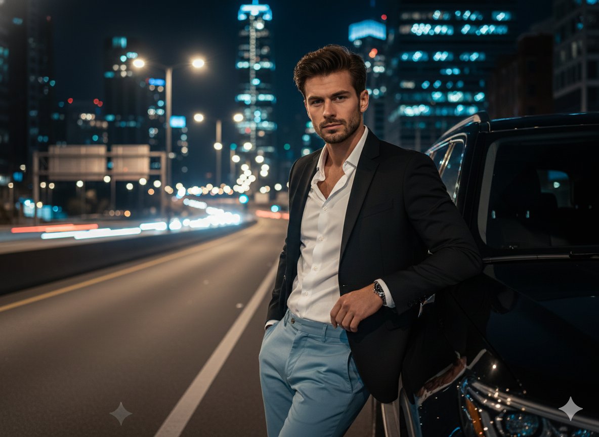 A cinematic night-time urban portrait of a confident, handsome man leaning against a black luxury S…