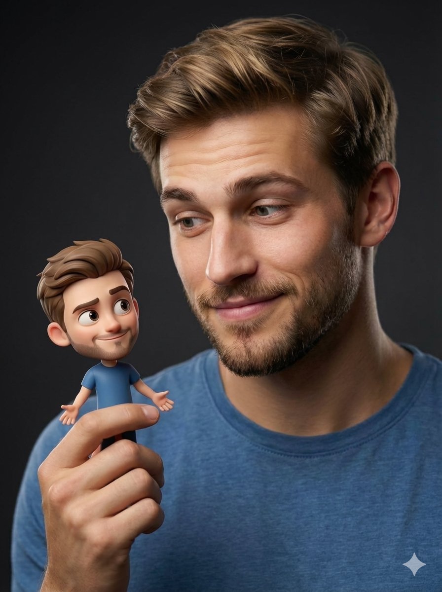 { "Objective": "Create a hyper-realistic studio portrait blending photorealism with a whimsical 3D …
