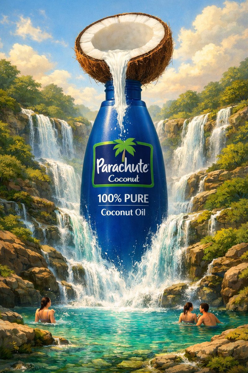 Surreal premium commercial illustration for [BRAND NAME] [OIL TYPE], featuring the product bottle e…