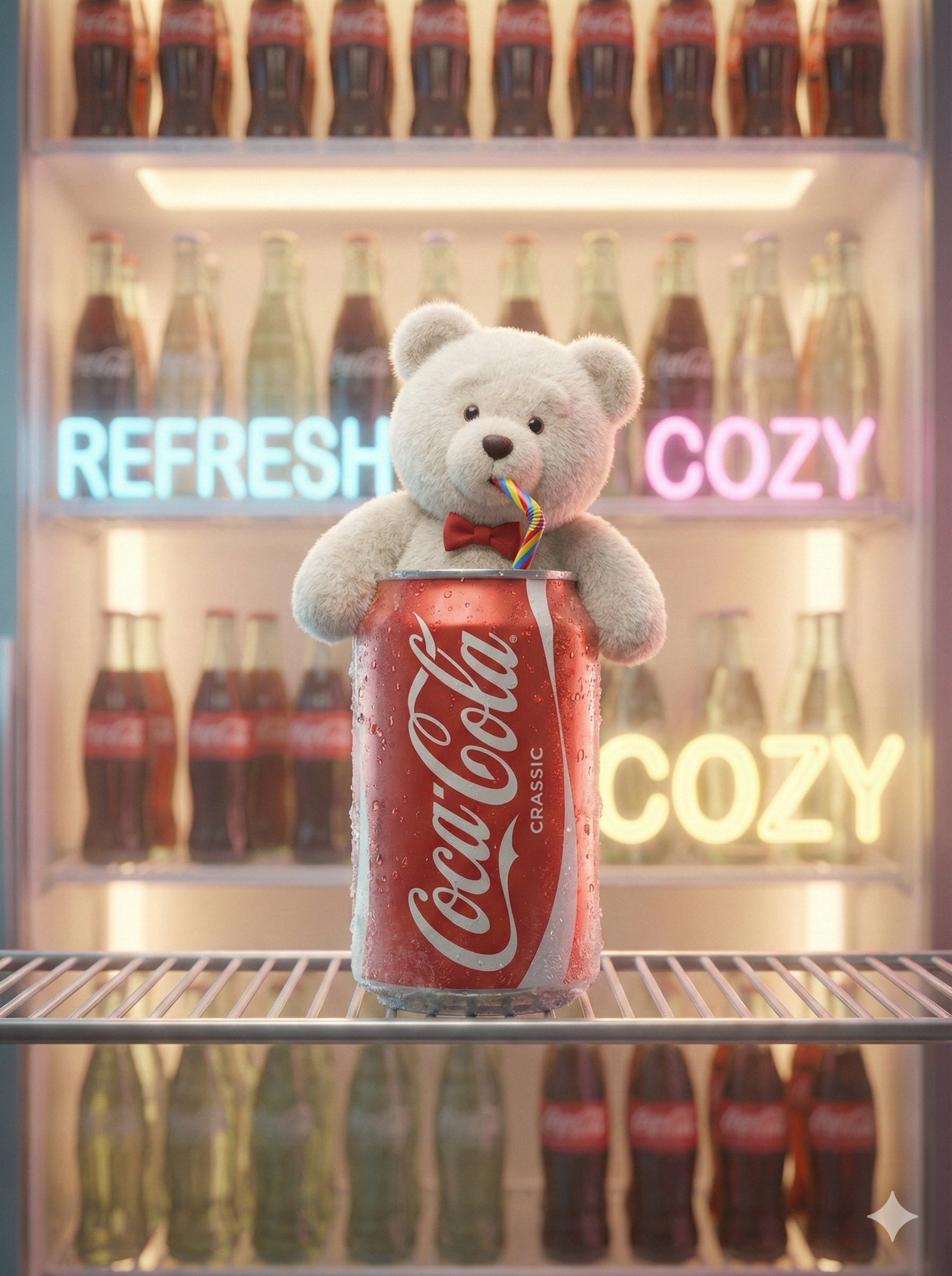A cute, cinematic brand fantasy scene featuring a fluffy white teddy bear mascot emerging from a ch…