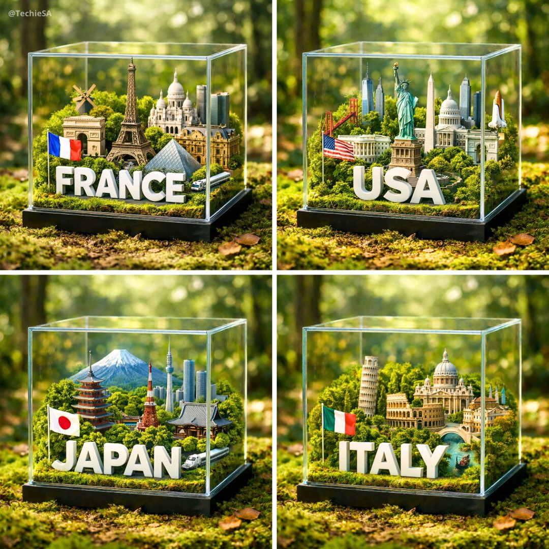 A hyper-realistic 1080x1080 photograph of a glass cube diorama placed on a lush, mossy forest floor…