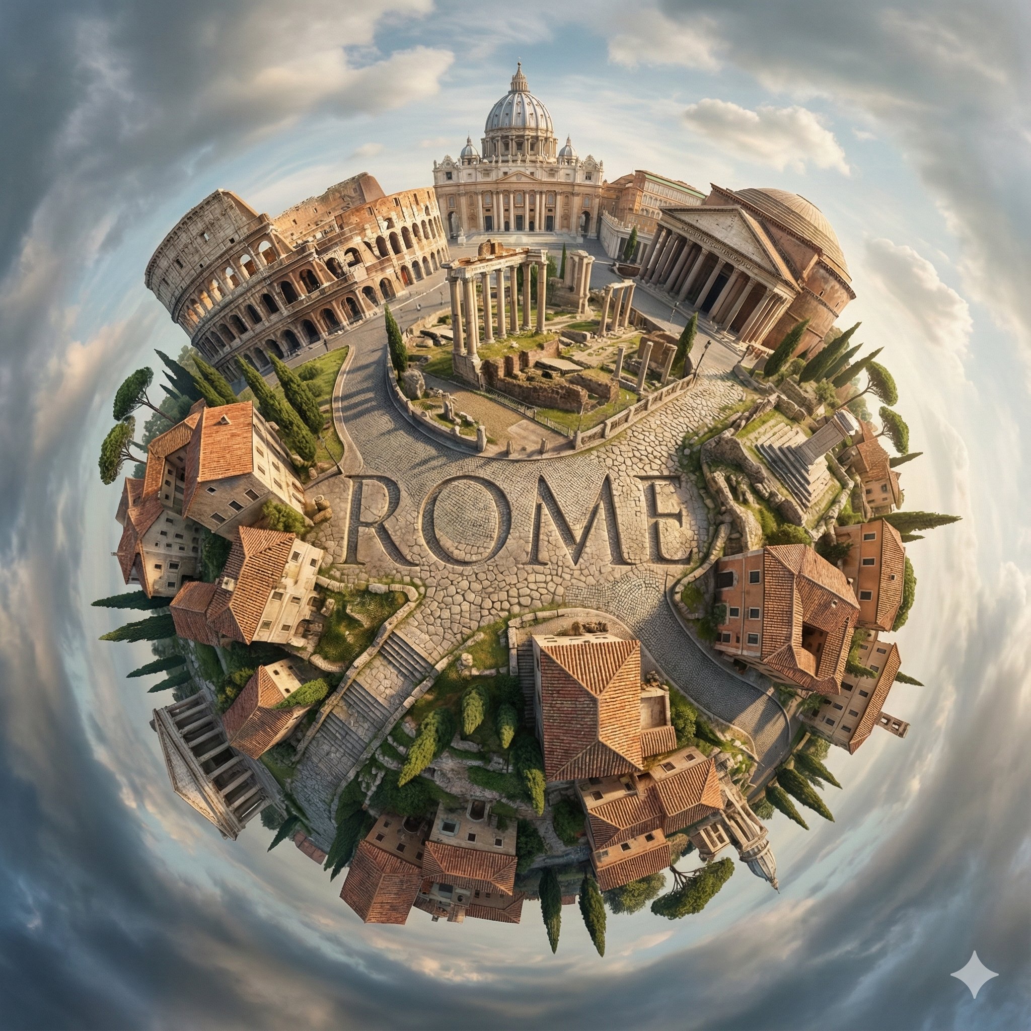 Create a hyperrealistic, surreal spherical panorama of [CITY NAME], with its most iconic landmarks …