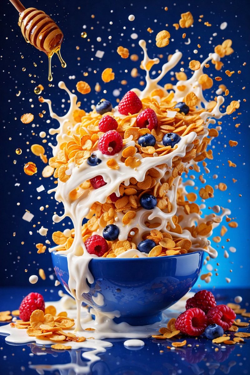 A vibrant smoothie bowl exploding with fruit and liquid splashes
