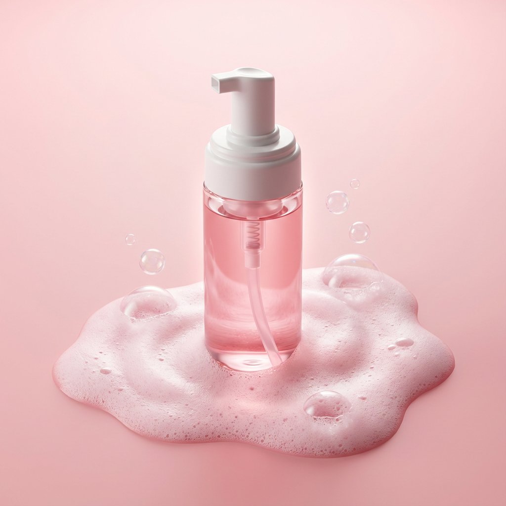 Premium minimalist skincare product photography. A translucent pink liquid cleanser bottle with a w…