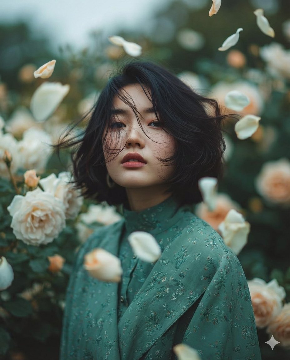 { "Objective": "Create a dreamy fine-art portrait with a romantic, ethereal garden atmosphere", "Pe…