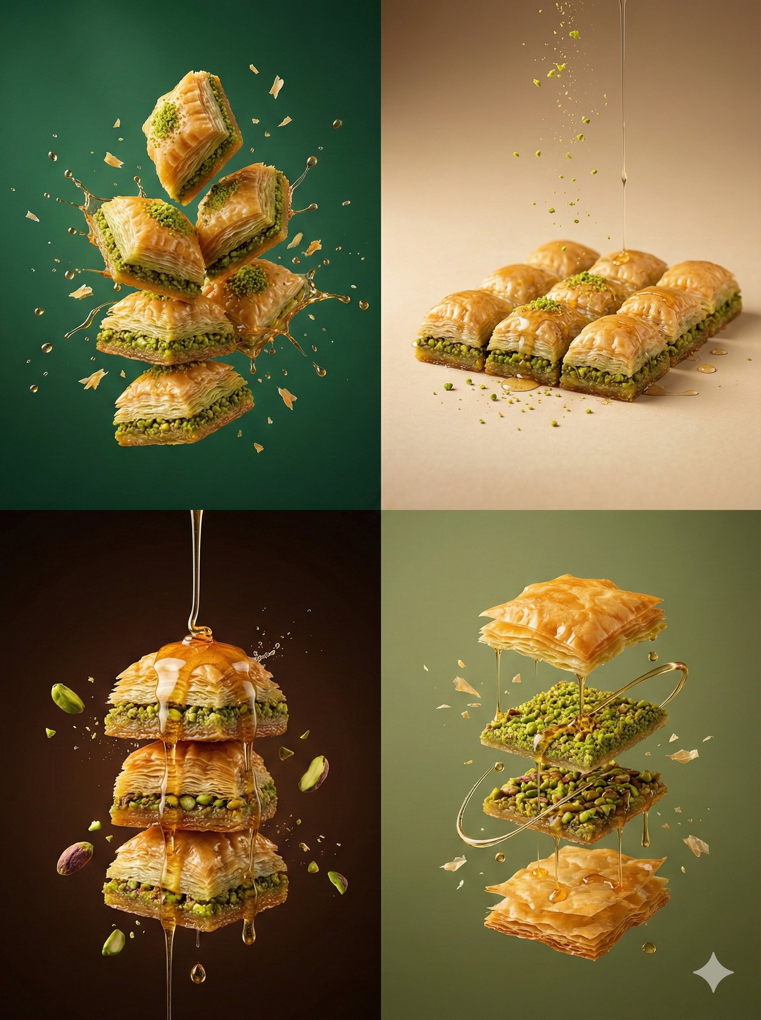 A dramatic stack of classic pistachio baklava with flying syrup droplets