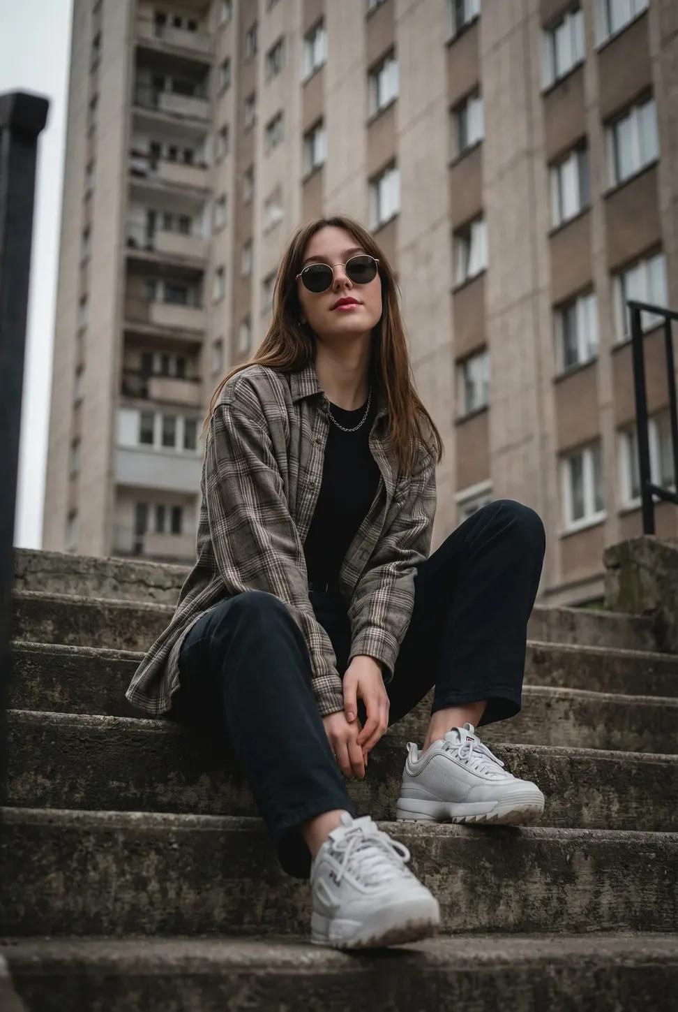 { "subject": "Young woman sitting casually on outdoor concrete stairs, posing with a cool, confiden…