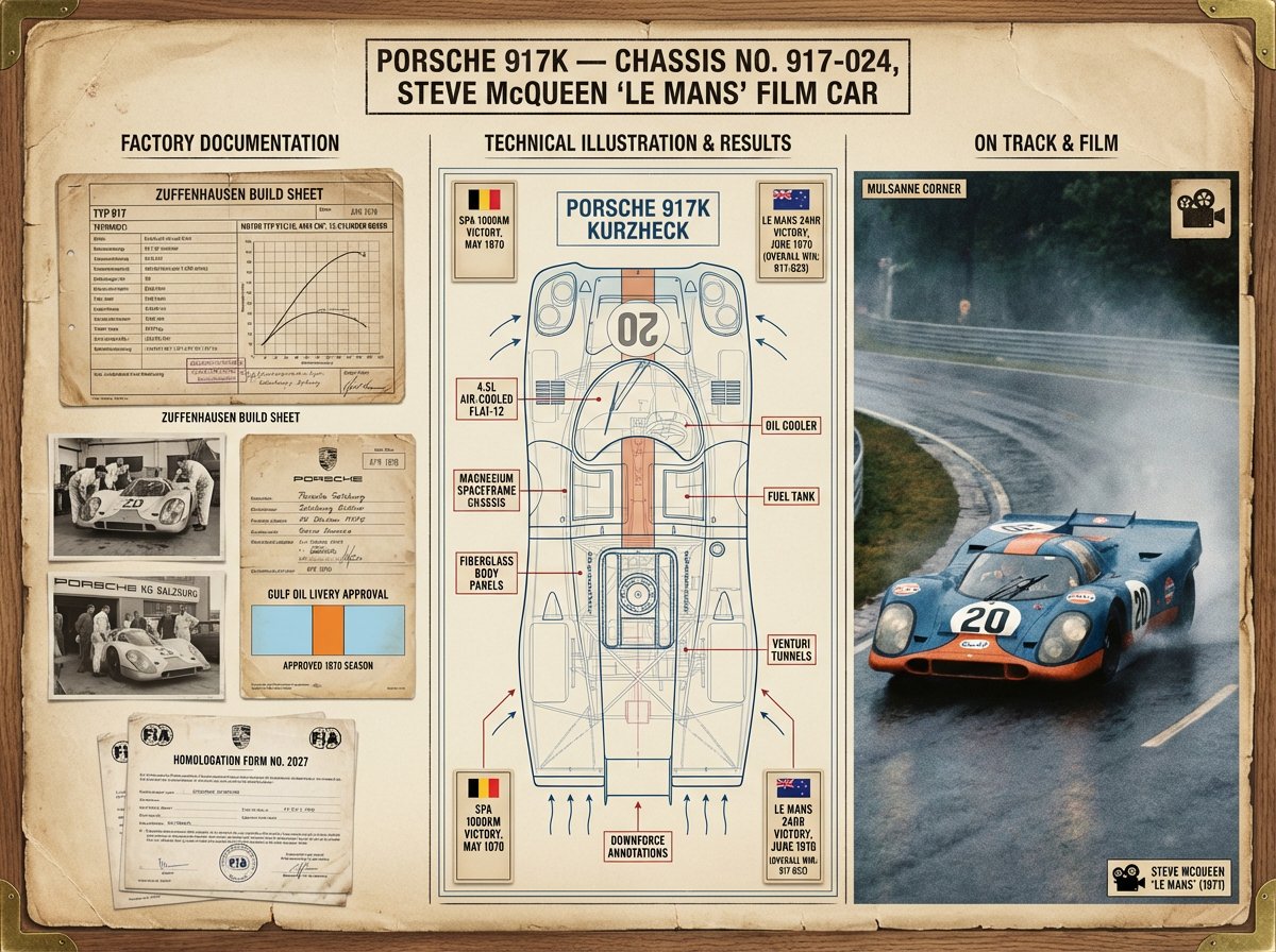 A marque historian's documentation board for [VEHICLE] — [MODEL / VARIANT / YEAR]. Left section: fa…