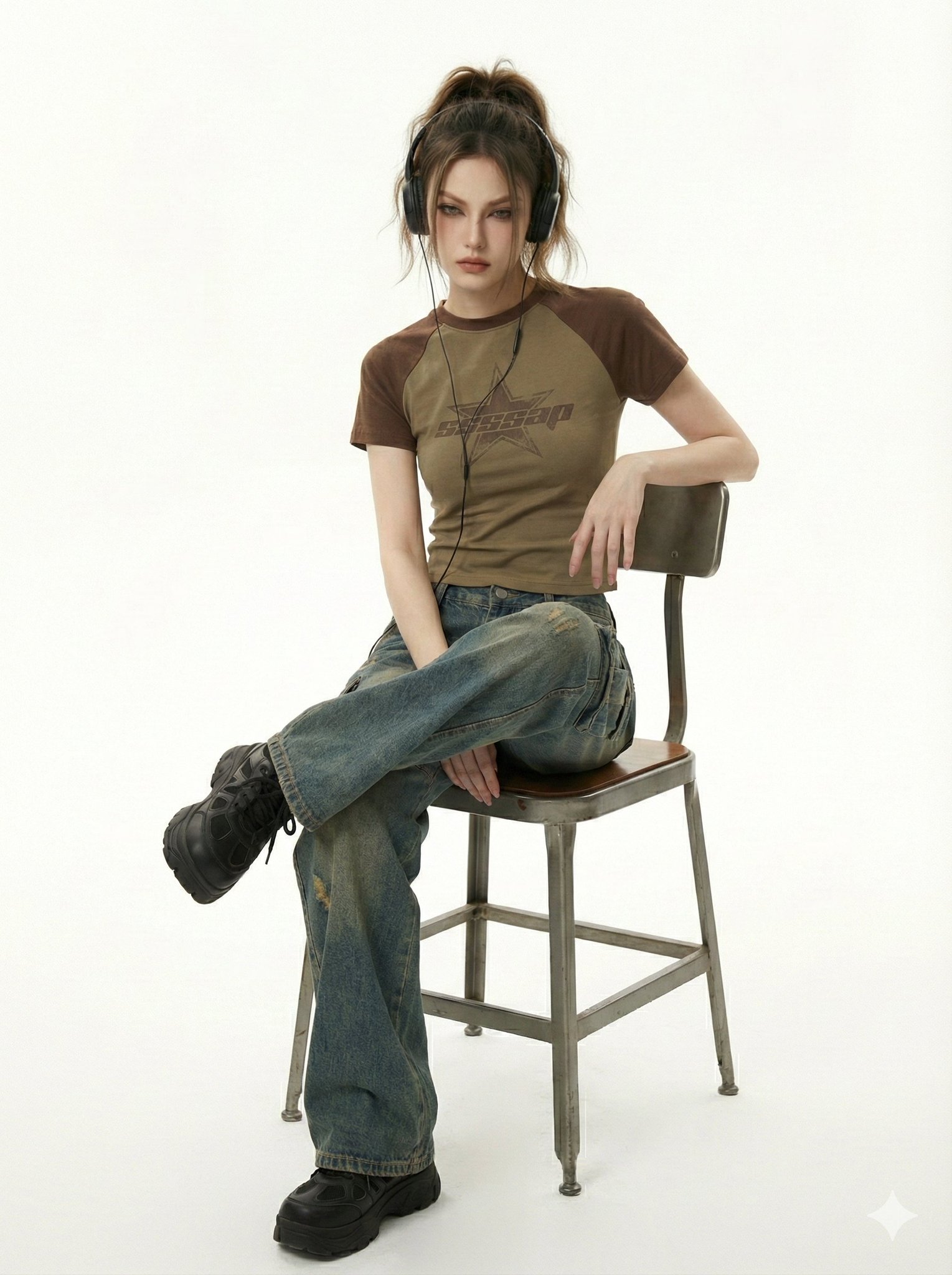 She kneels in a pristine white studio, shot from a low mid angle with a slight upward tilt that emp…