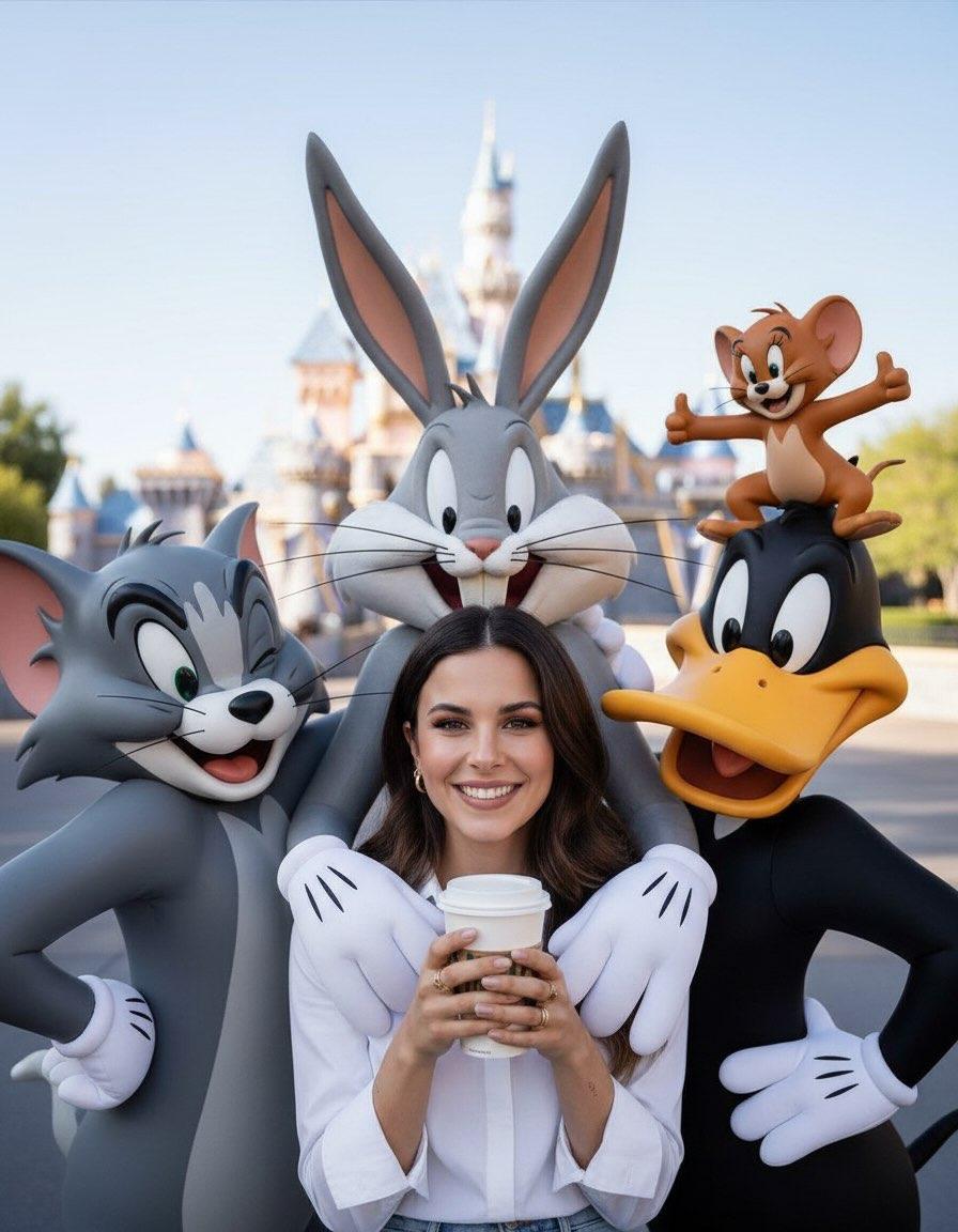 { "Objective": "Create a cheerful lifestyle portrait set in a magical theme park with joyful mascot…