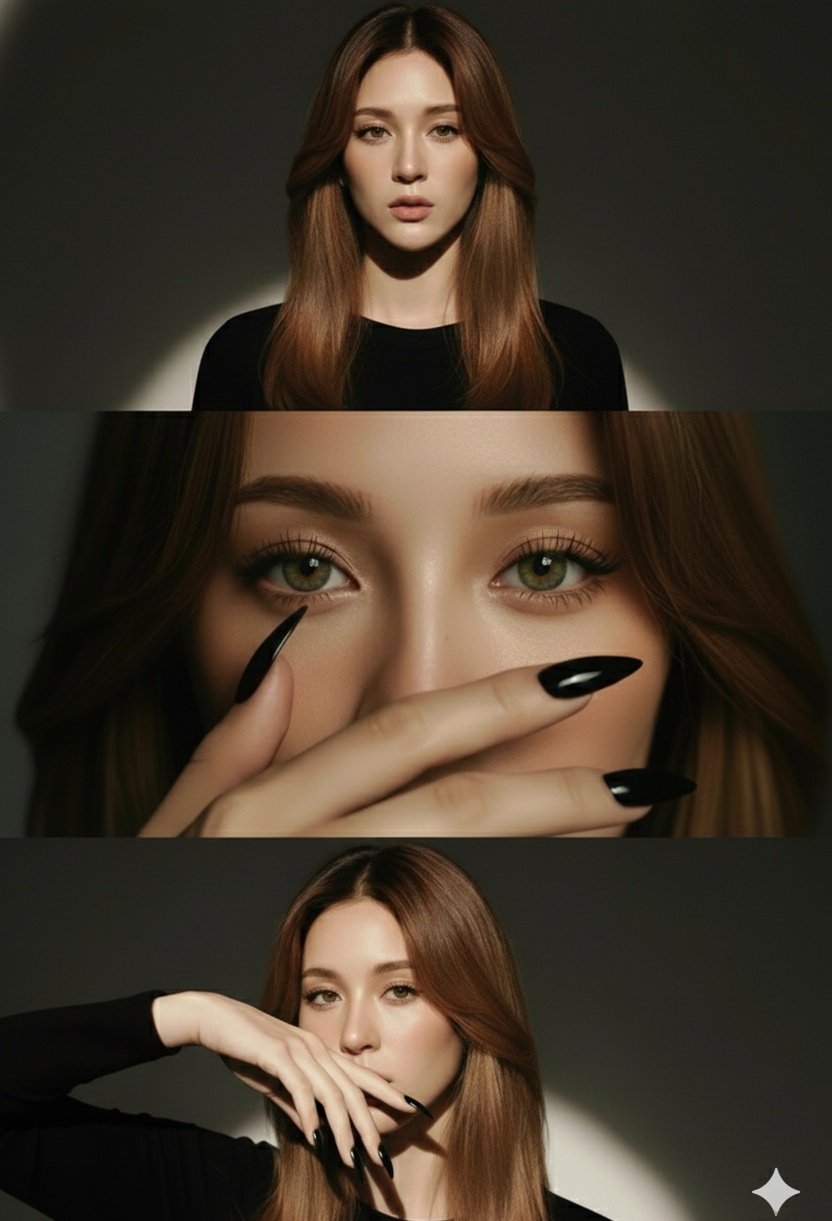 { "Objective": "Create a high-fashion editorial studio portrait presented as a vertical triptych wi…