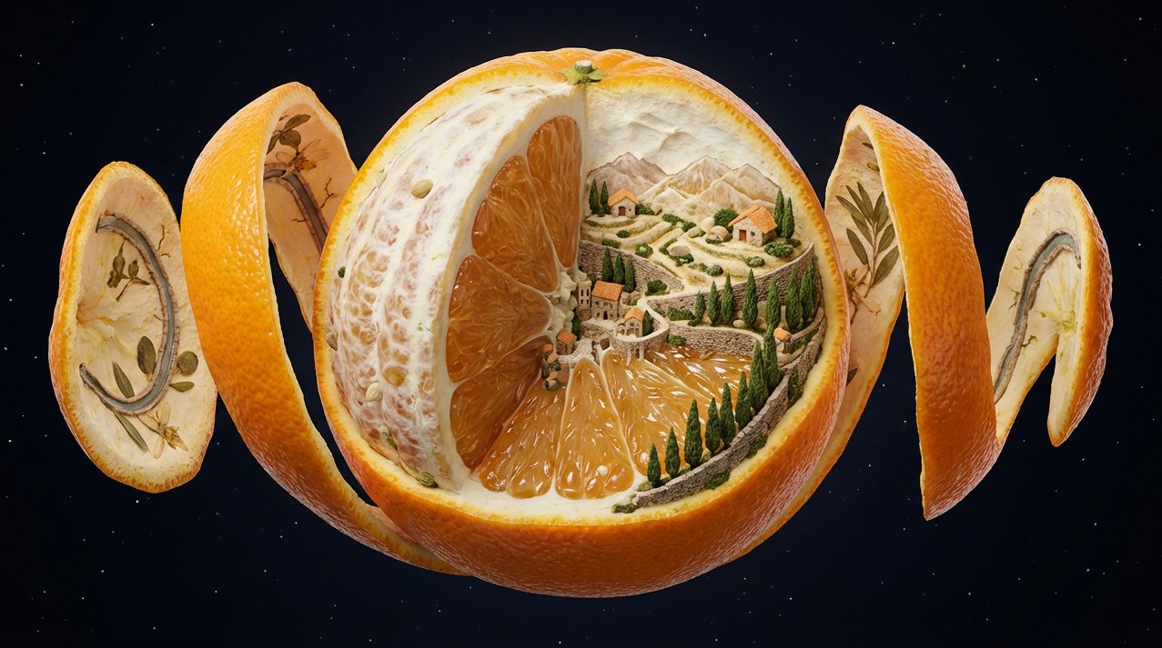 A single [OBJECT] suspended in space, frozen mid-peel as its outer skin curls away in ribbons. Bene…