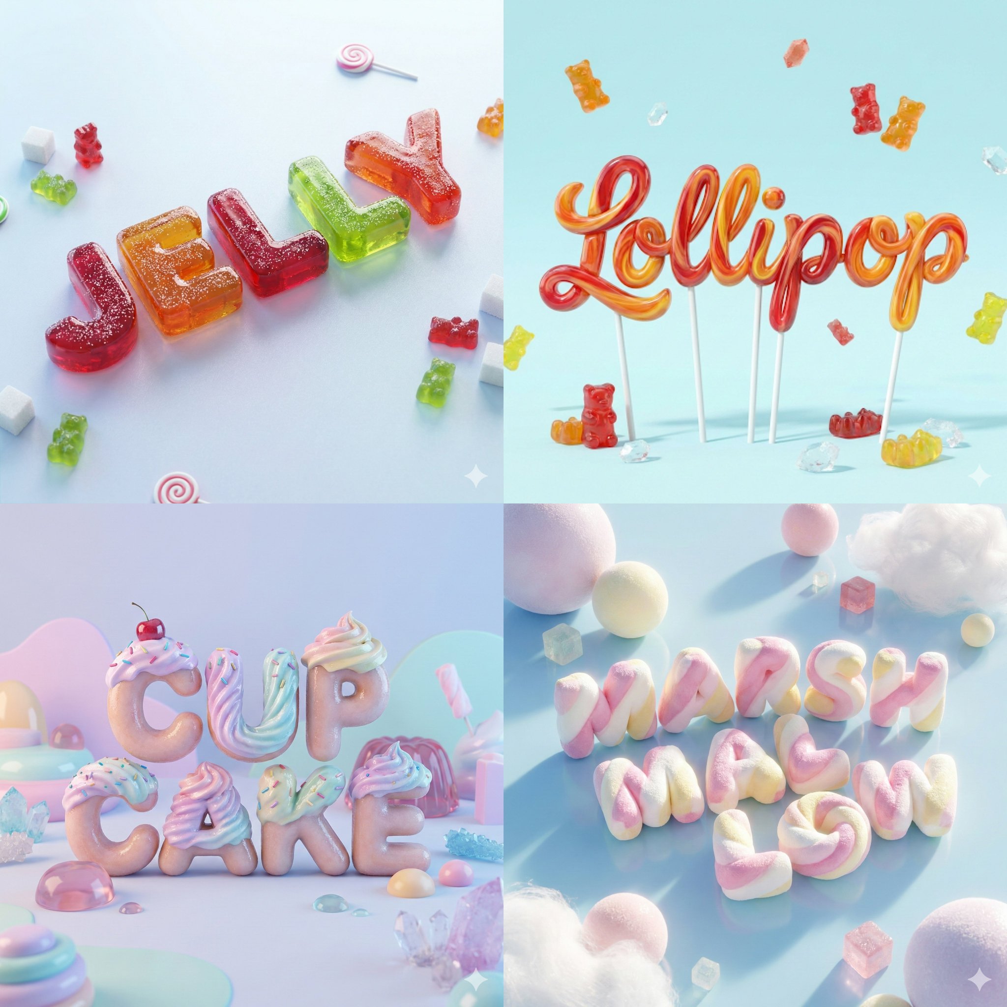 A smooth, ultra-realistic 3D render of the word [YOUR WORD] shaped like a delicious candy — style a…