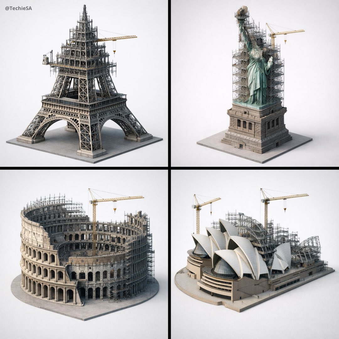 Depict [LANDMARK] frozen in an eternal state of construction. Camera & Angle (LOCKED): 45° elevated…