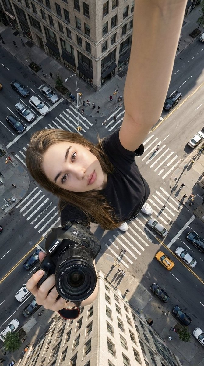 the other arm fully extended toward the camera holding the attached Canon camera