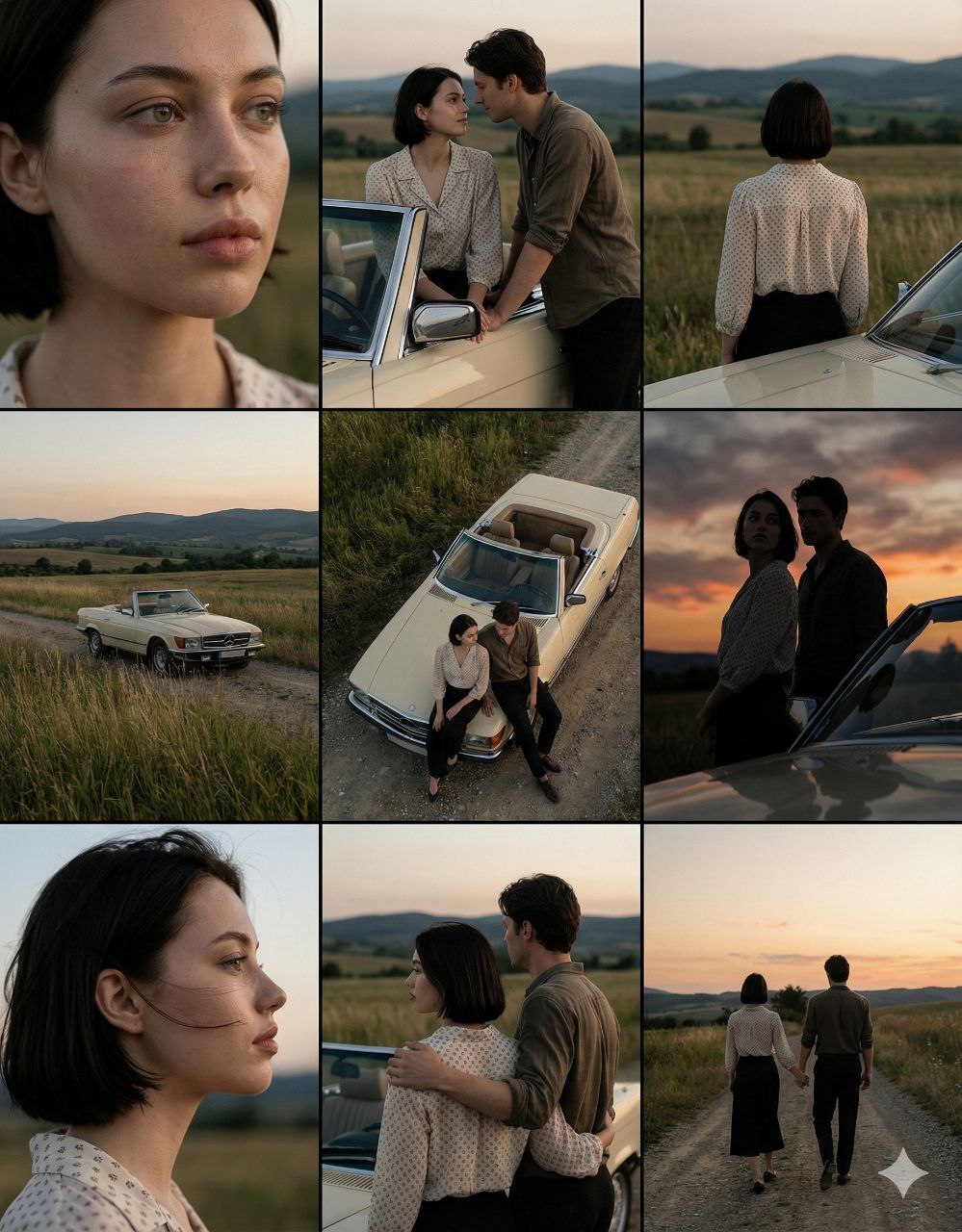 A cinematic 3×3 grid of film-still frames featuring the same couple during a quiet countryside road…