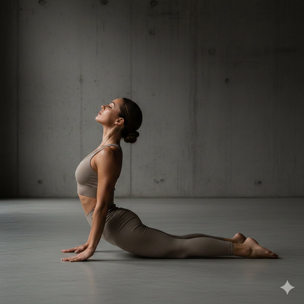 athletic feminine body performing a controlled flex pose