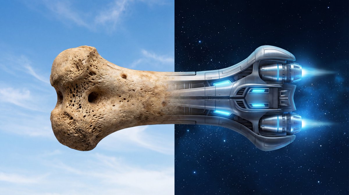 A photorealistic image, split down the middle. On the left side, a small, detailed bone that touche…