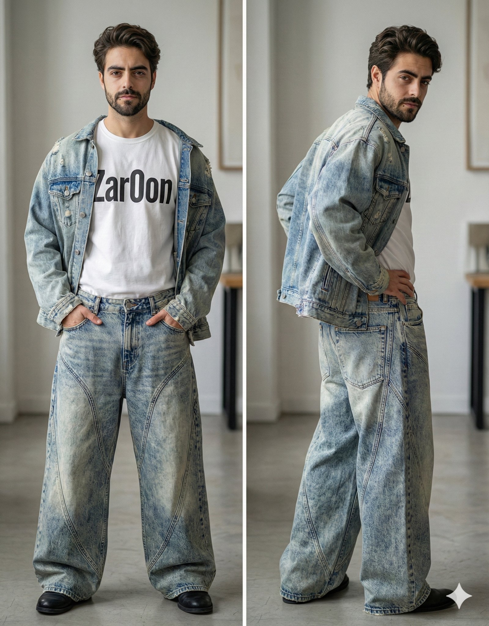 Beard. Makeup is minimal and natural, emphasizing clear skin and subtle lip color. The outfit is co…