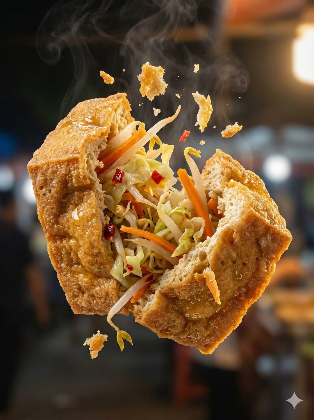 "Macro food photography of a crispy martabak telur tearing open mid-air, thin golden wrapper shatte…