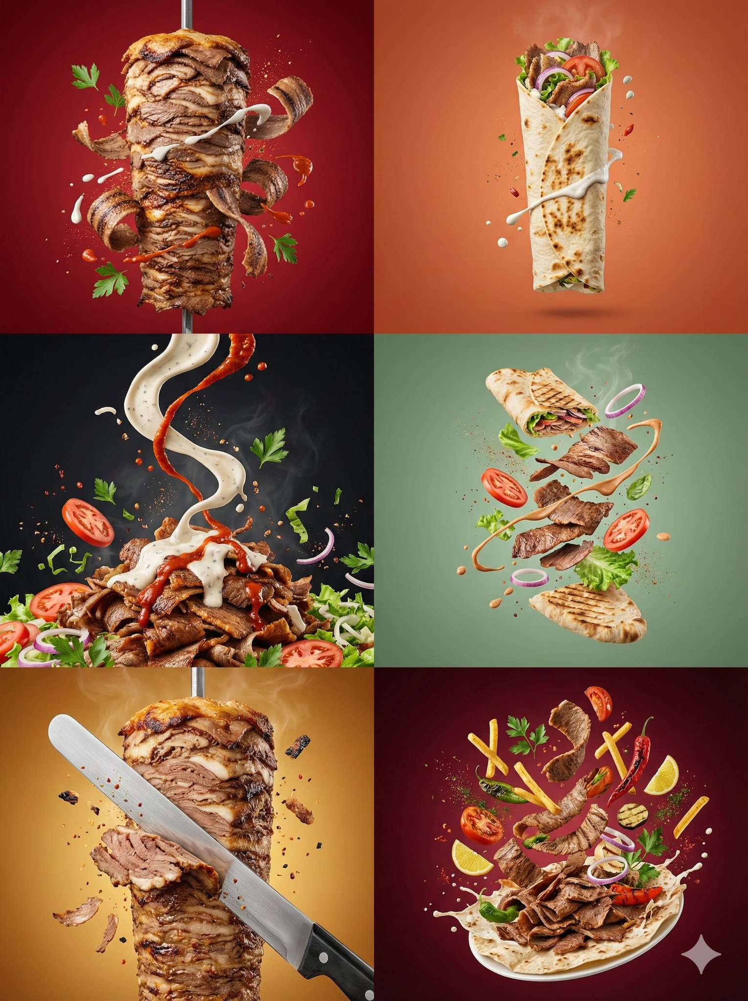 A dramatic vertical döner stack with flying meat slices and sauce droplets