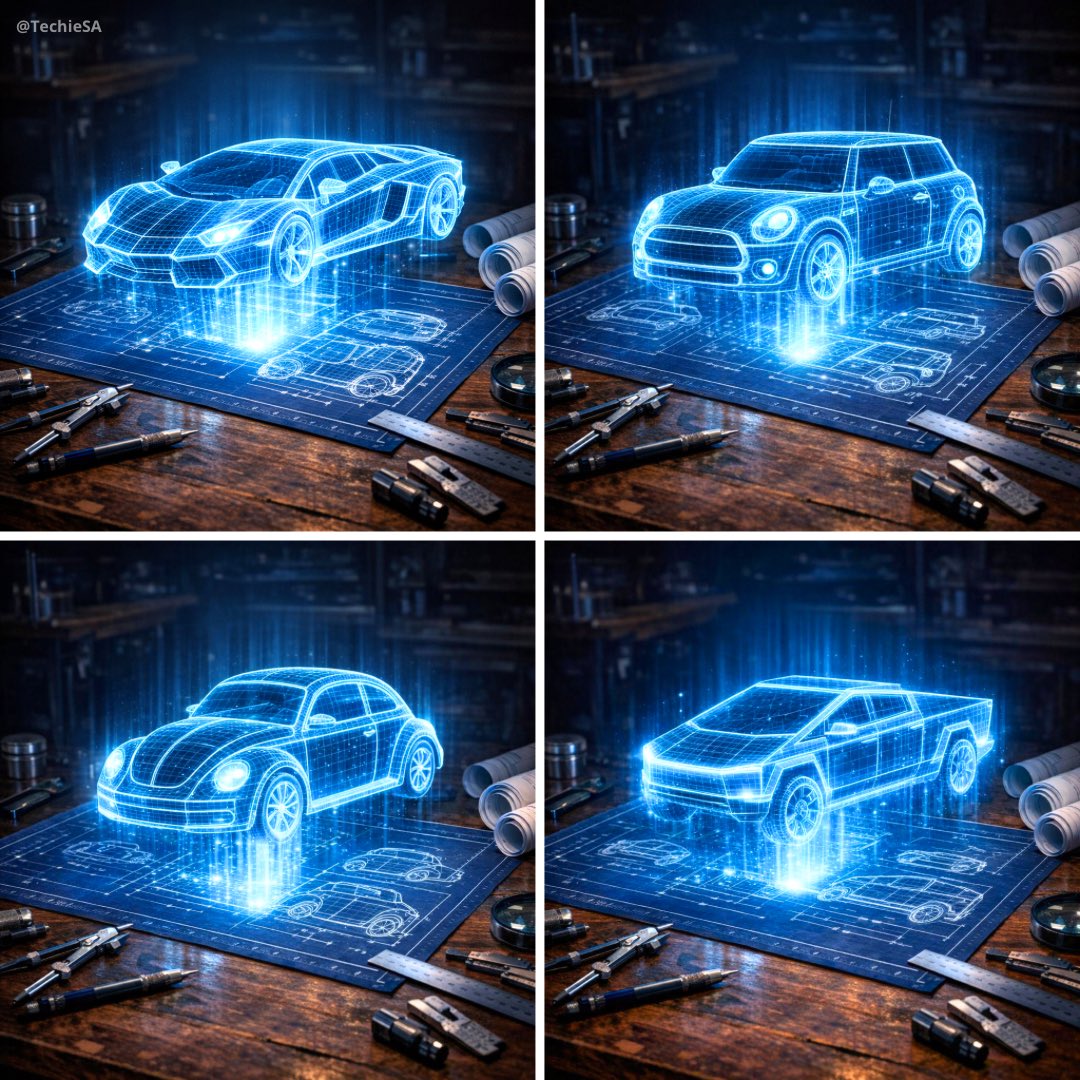 Create a hyper-realistic 3D holographic blueprint projection of a [CAR NAME] emerging as a luminous…