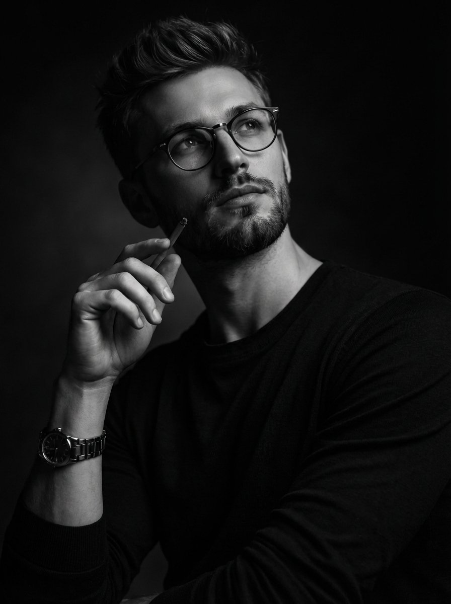A dramatic black and white studio portrait of a thoughtful man with short styled hair, light stubbl…