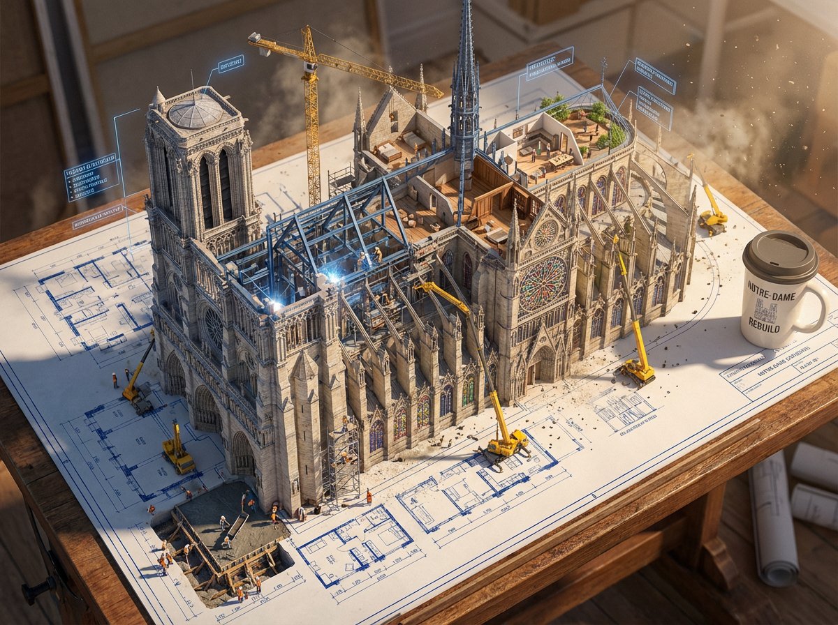 Epic 3D scene: a massive architectural blueprint of [BUILDING/STRUCTURE] pinned to a drafting table…